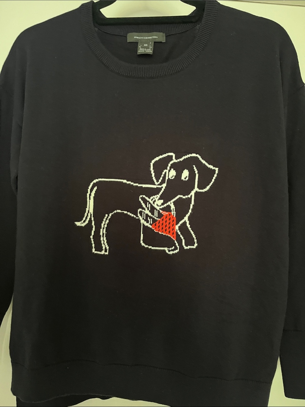 French Connection Black Sweatshirt with White Dog Outline and Red Heart Accent
